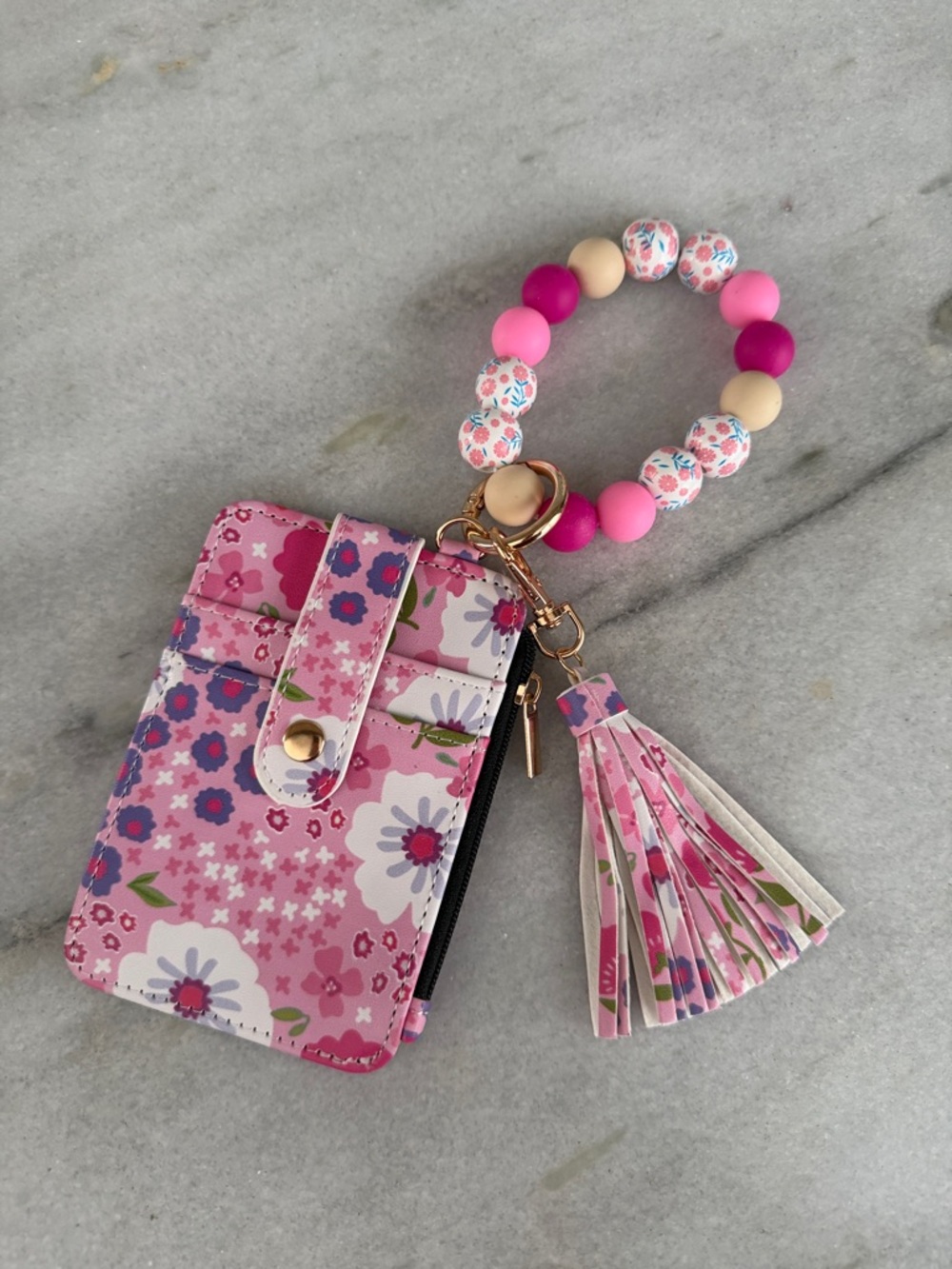 NWOT Pink Floral Card Wallet Wristlet with Beaded Keyring